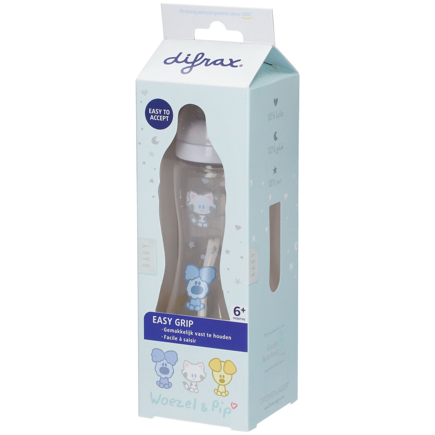 Difrax® Easy Grip Anti-colique Biberon S à poignée Natural Woezel & Pip 240 ml