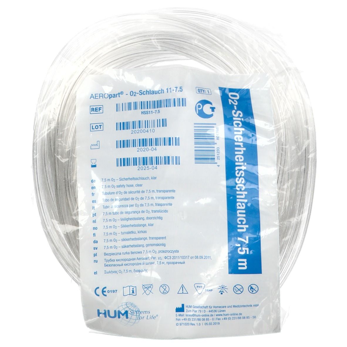 AEROpart® Tubulure d'O2 de sécurité de 7,5 m transparente