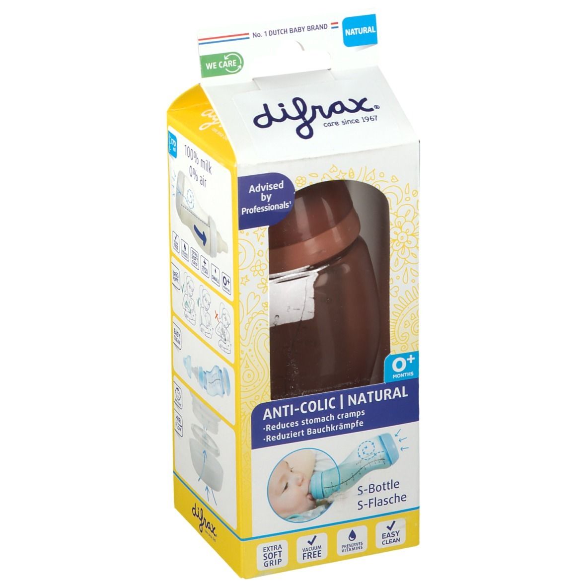 Difrax® Biberon S Natural anti-colique 0+ mois 170 ml Brick