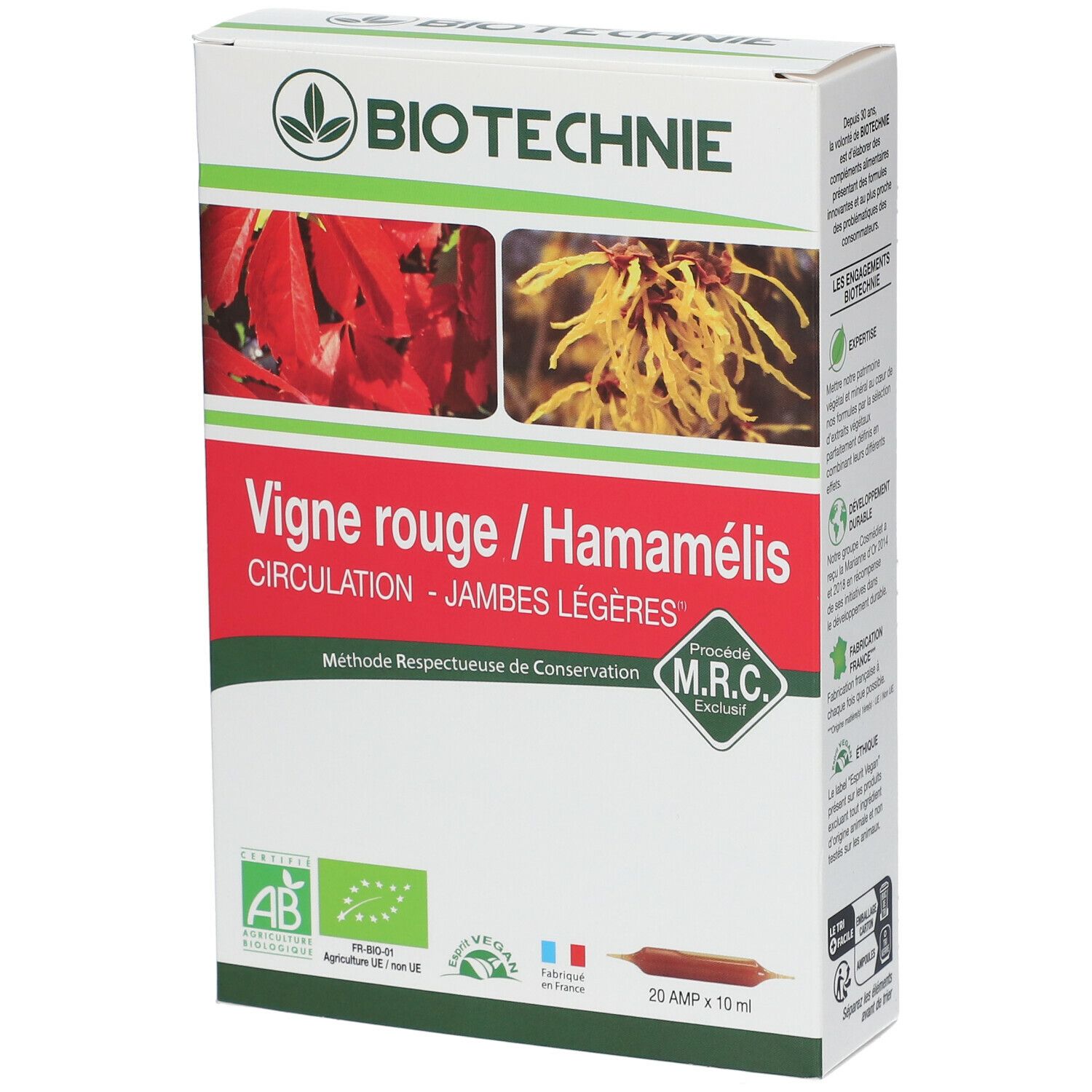 BIOTECHNIE Vigne rouge Hamamélis Bio ampoules 200 ml Redcare Pharmacie