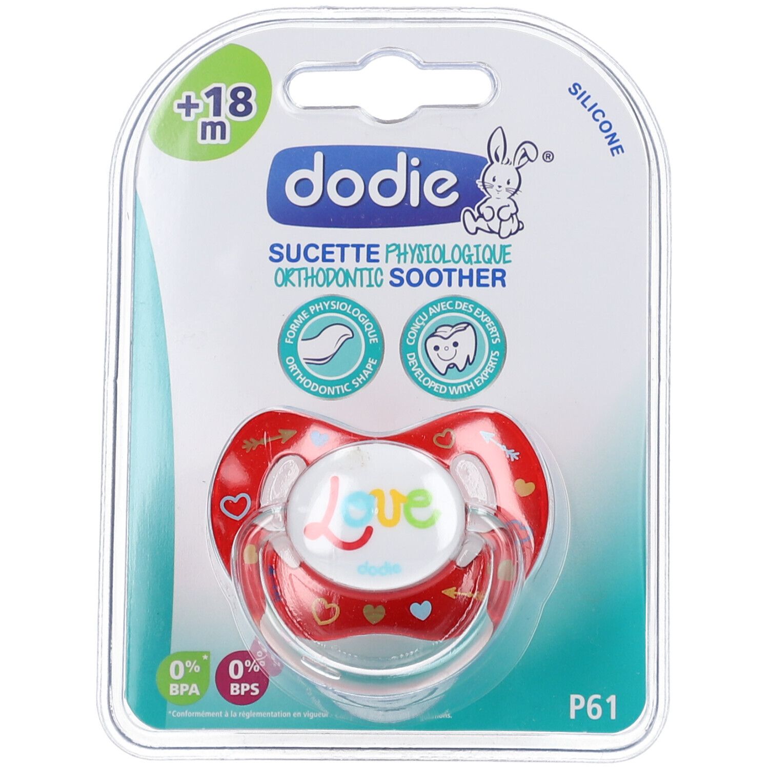 dodie® sucette +18 mois 'Love' physio silicone avec anneau