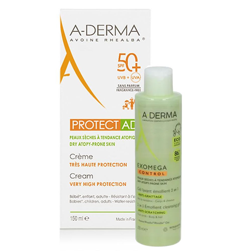 A-Derma Protect AD Crème solaire Spf50+ + Exomega Control Gel lavant émollient 2 en 1 anti-grattage