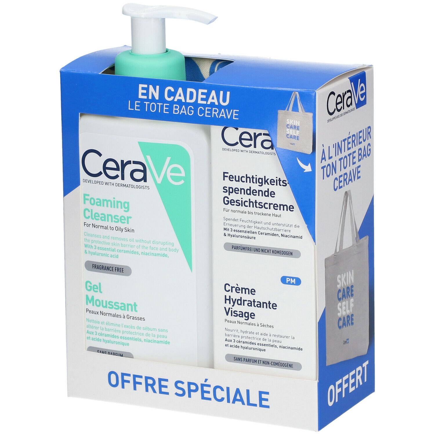 CeraVe Lot Gel Moussant 236ml + Crème Hydratante Visage 52ml + Tote bag offert