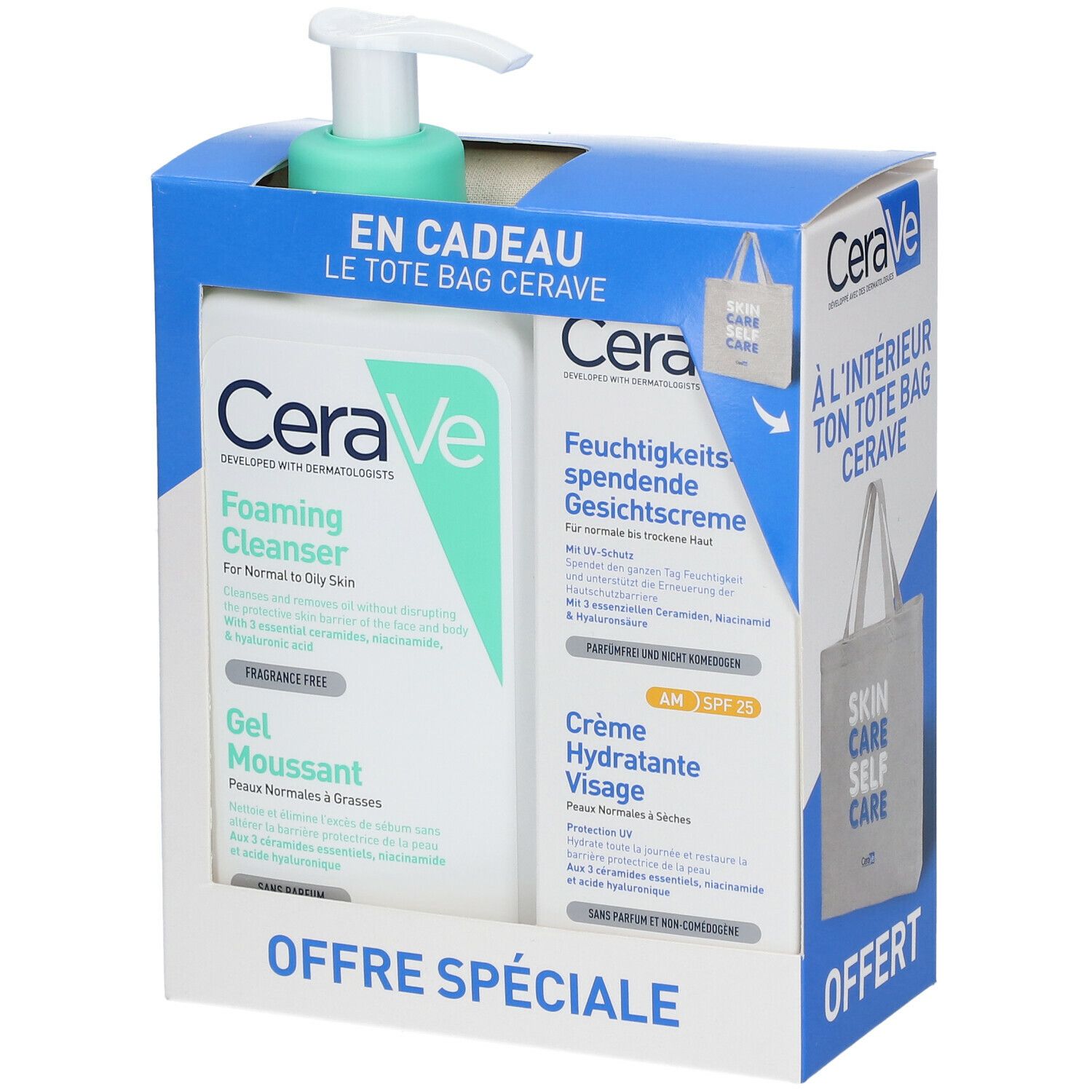CeraVe Lot Gel Moussant 236ml + Crème Hydratante Visage Spf25 52ml + Tote bag offert