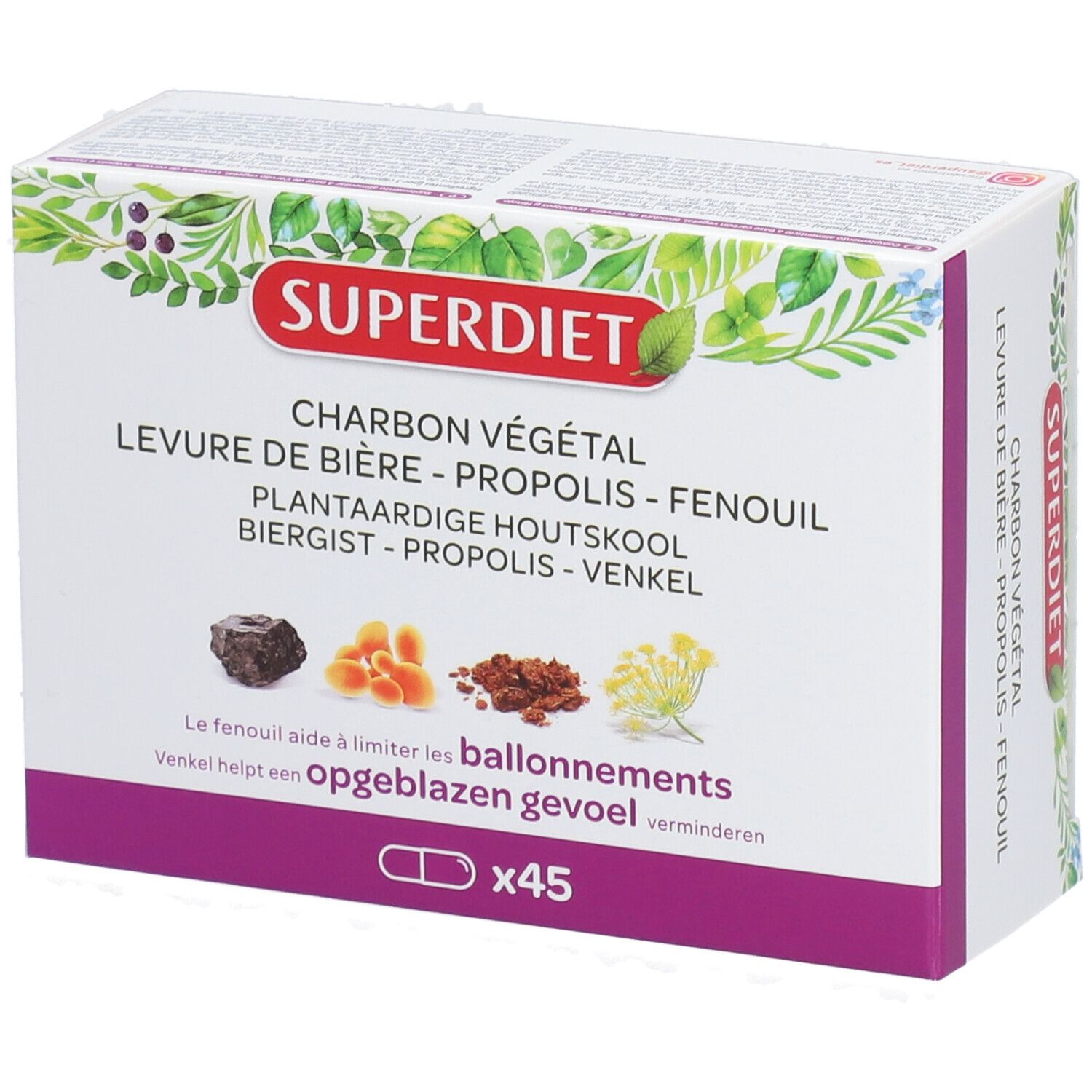 Superdiet Charbon végétal - Levure de bière - Propolis - Fenouil 45 pc(s) Capsule(S)
