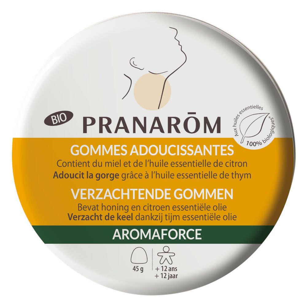 PRANARÔM - Aromaforce - Gommes Adoucissantes - Compléments Alimentaires Aux Huiles Essentielles - Citron, Miel & Thym - Apaise La Gorge - Boîte Métal 