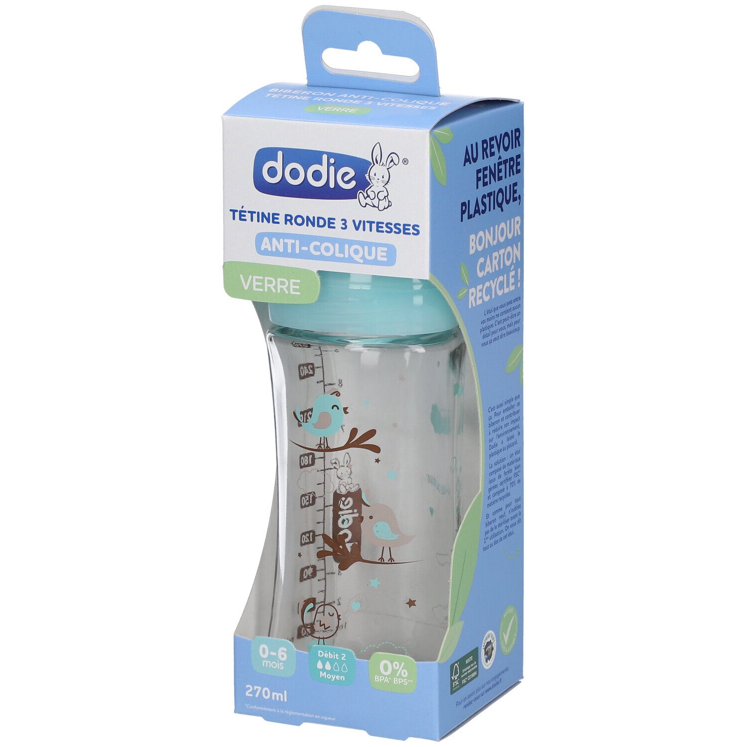 Dodie Biberon Initiation+ Verre Vert Oiseaux 0-6 Mois 1 pc(s) Bouteilles