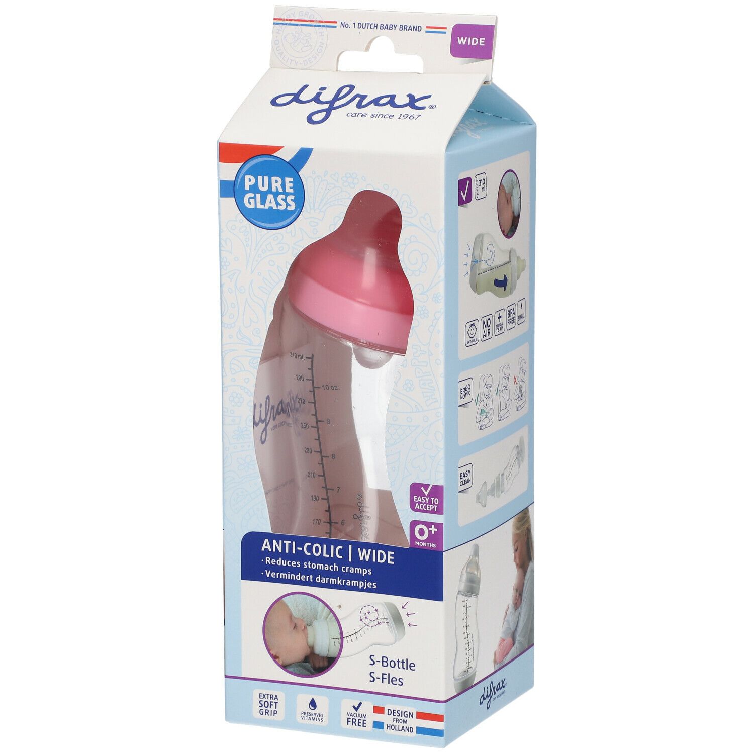Difrax Biberon-S Rose Verre Bouteilles 310 ml
