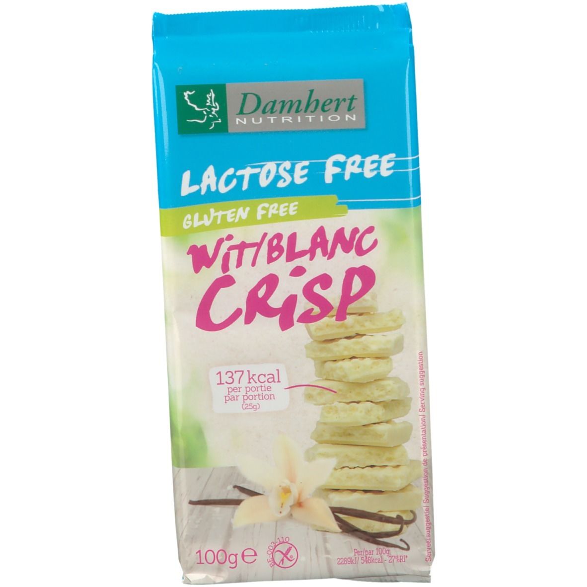 Damhert Lactose Free Chocolat Blanc Crisp sans gluten 100 g