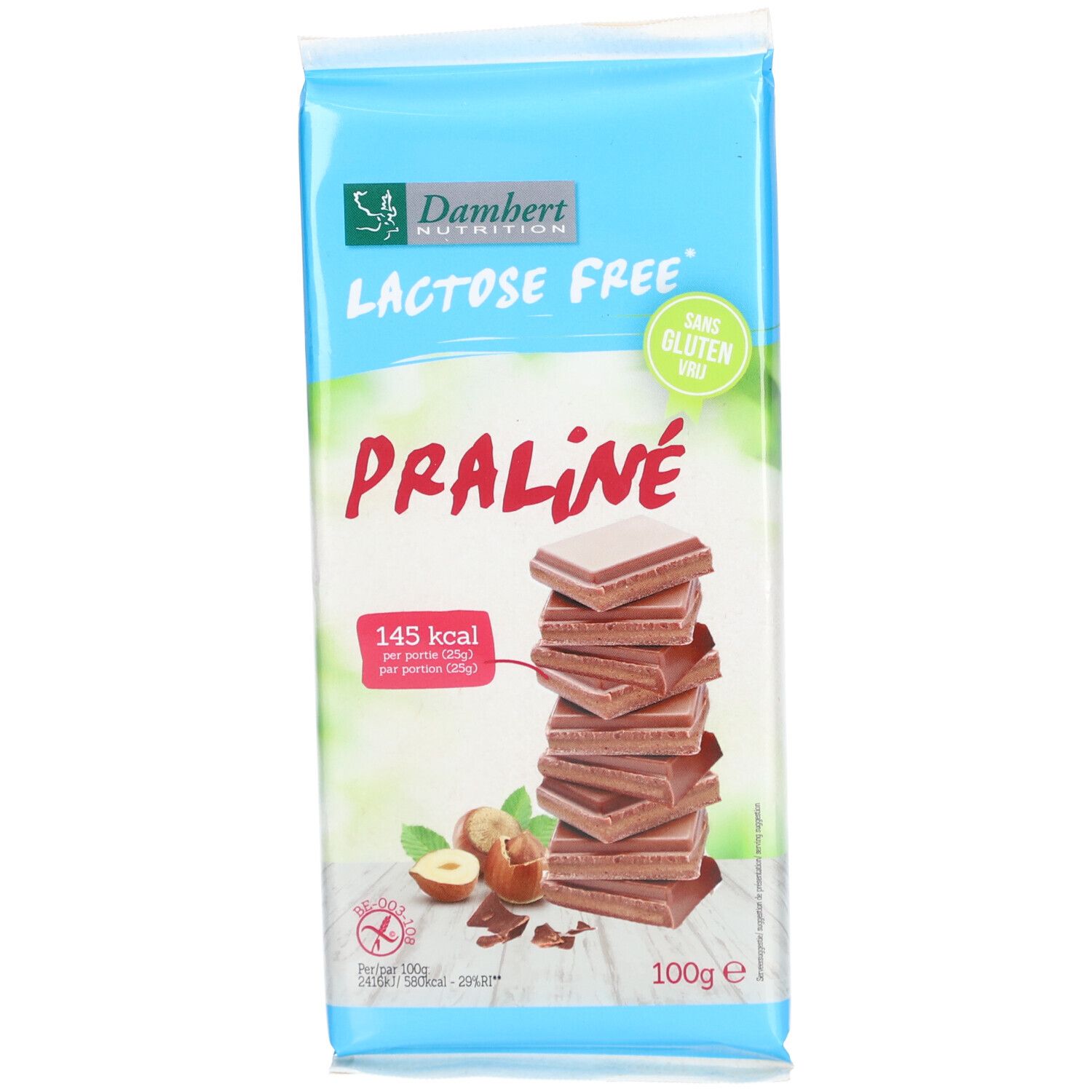 Damhert Lactose Free Tablette de chocolat praliné sans gluten Chocolat 100 g