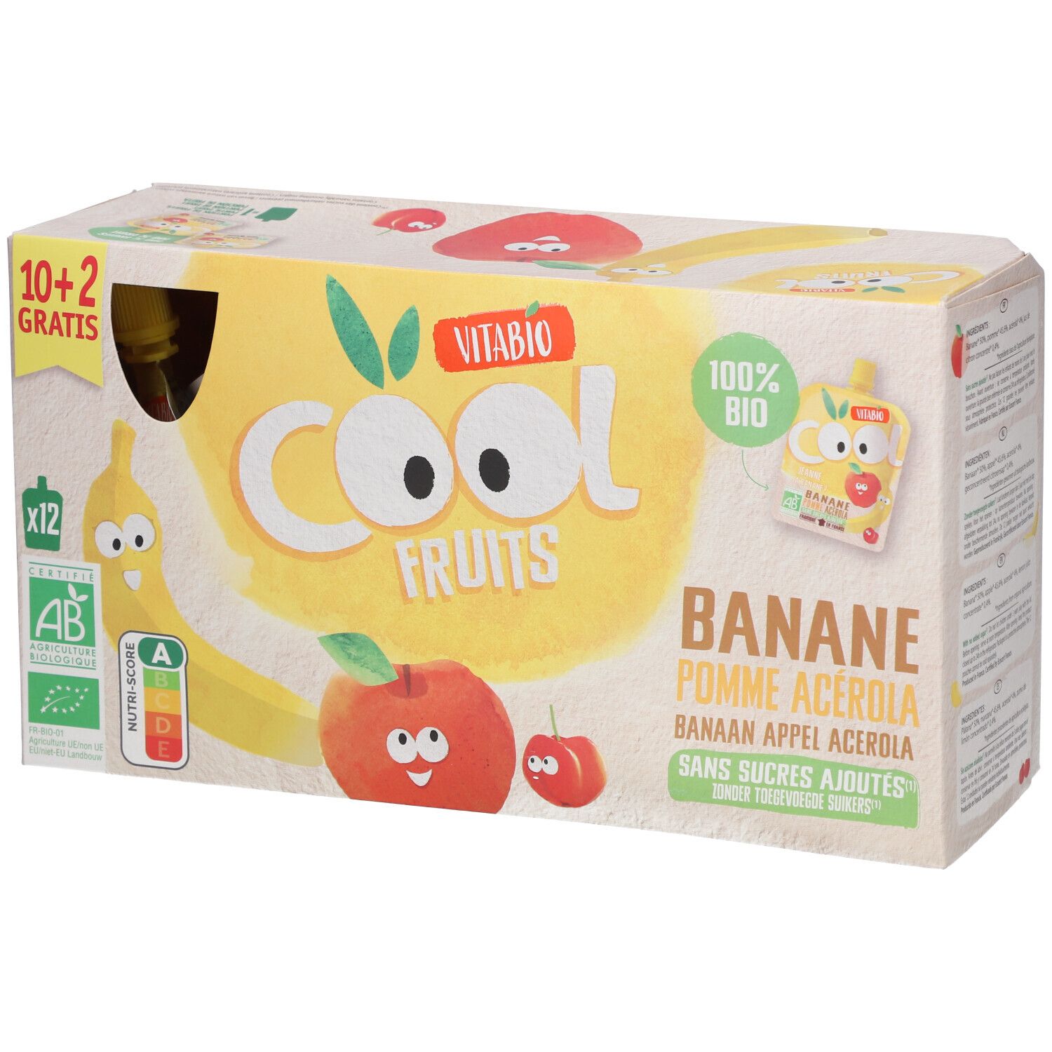 VITABIO Cool Fruits - Gourdes de fruits Banane Pomme Acérola Bio 12x90 g Aliment