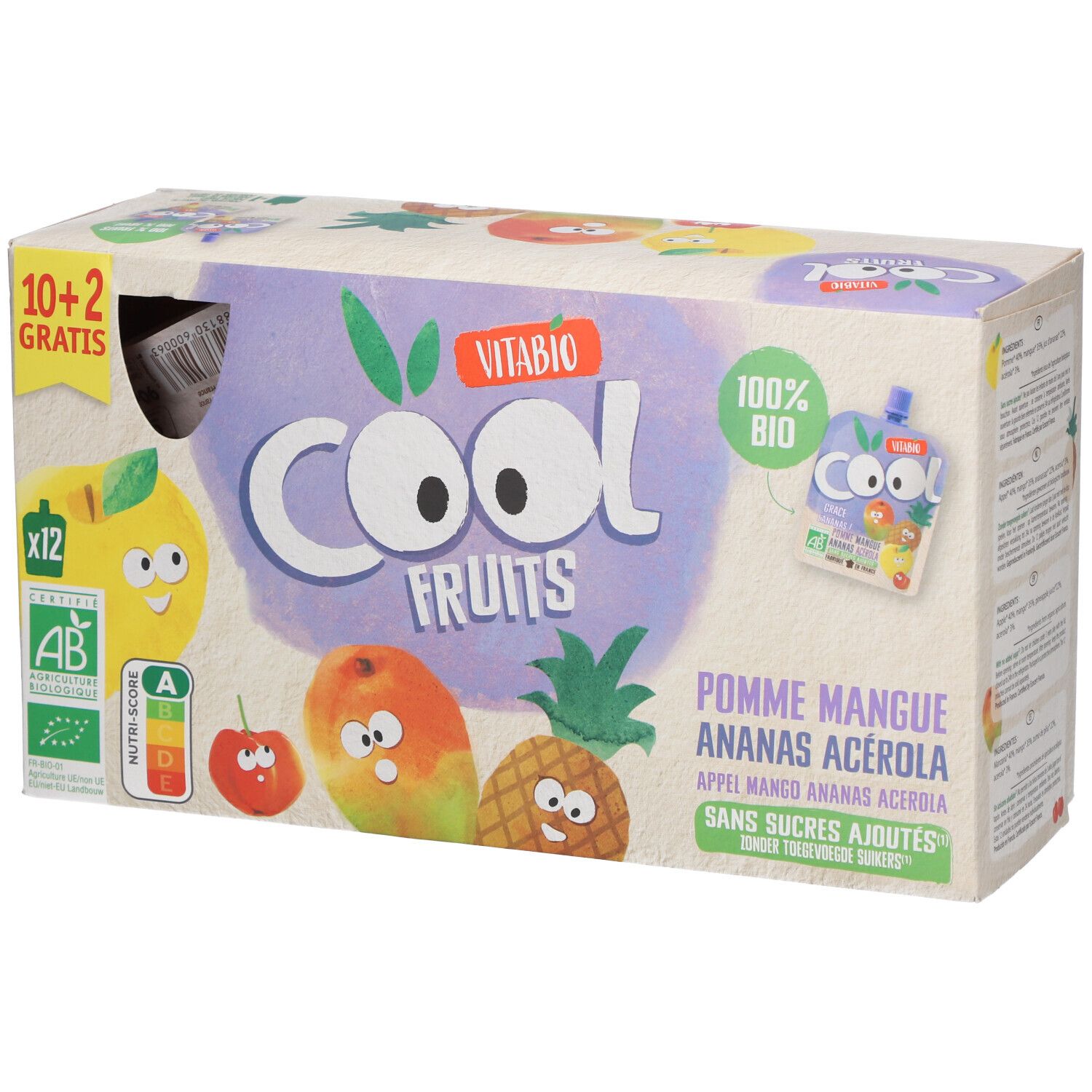 VITABIO Cool Fruits - Gourdes de fruits Pomme Mangue Ananas Acérola Bio 12x90 g Aliment
