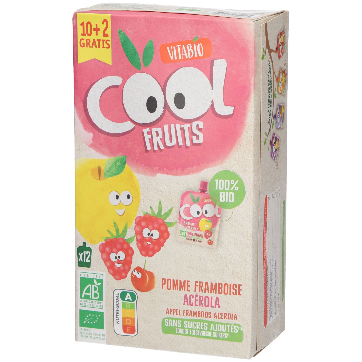 VITABIO Cool Fruits - Gourdes de fruits Pomme Framboise Acérola Bio 12x90 g Aliment