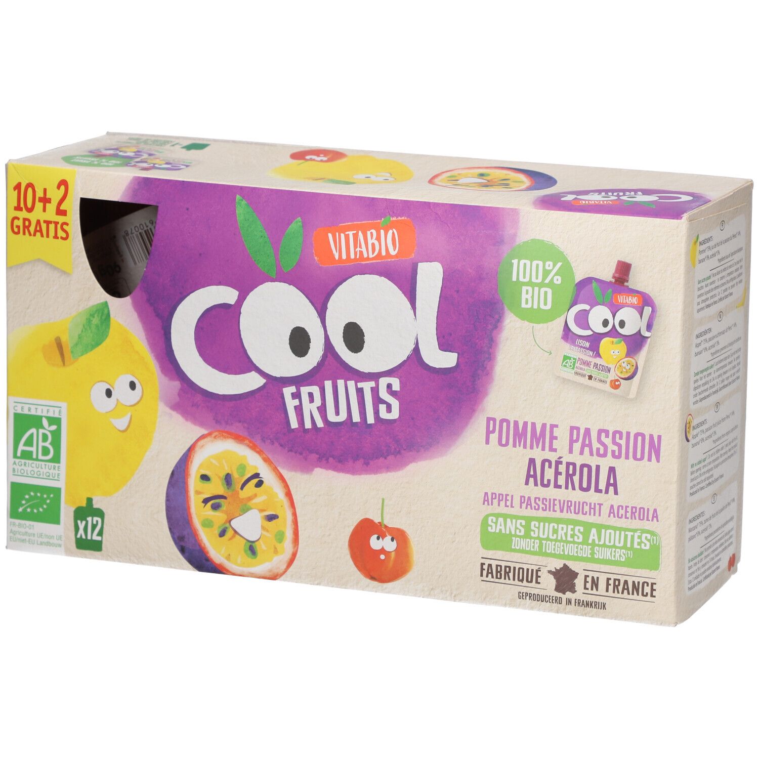 VITABIO Cool Fruits - Gourdes de fruits Pomme Passion Acérola Bio 12x90 g Aliment