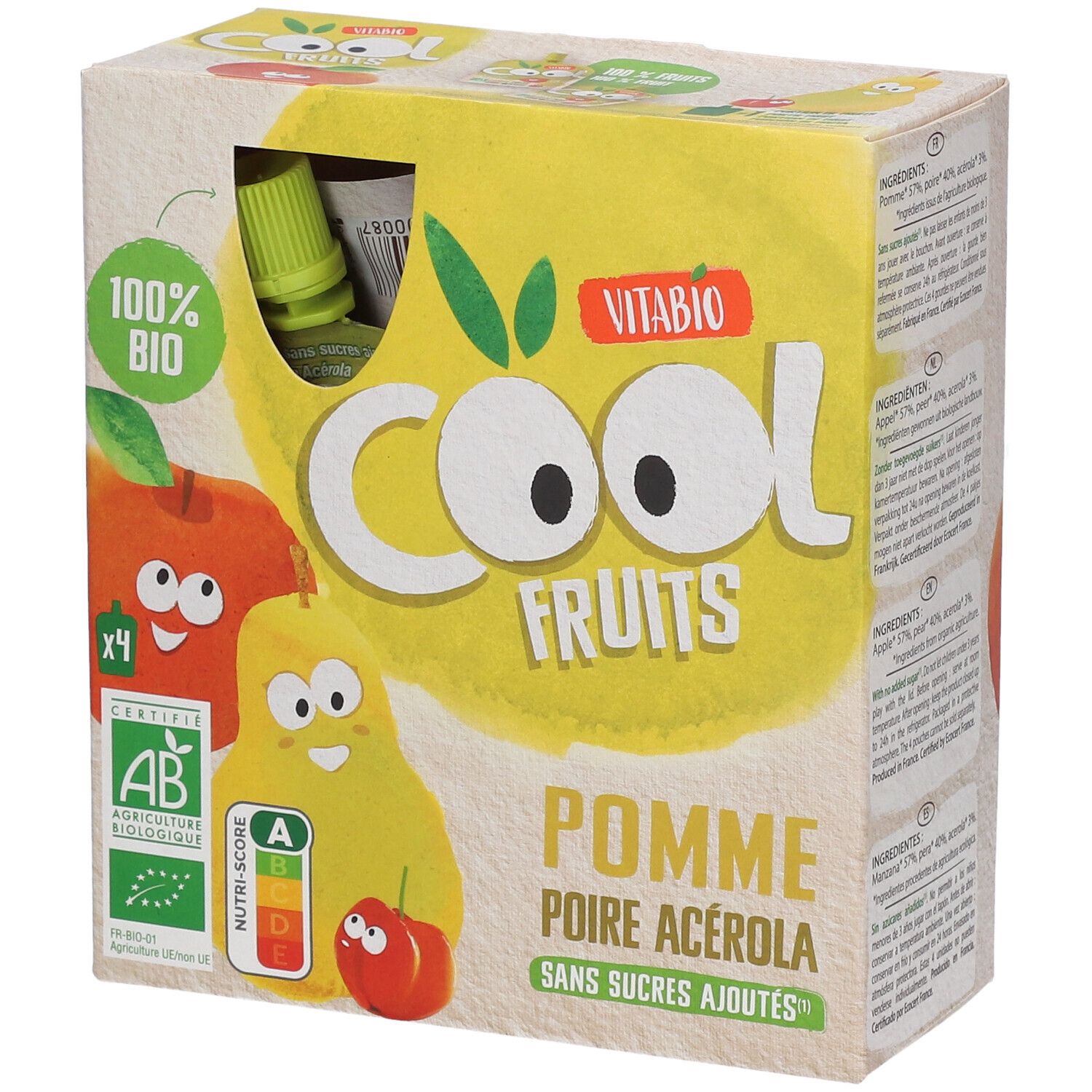 VITABIO Cool Fruits - Gourdes de fruits Pomme Poire Provence Bio Aliment 4x90 g