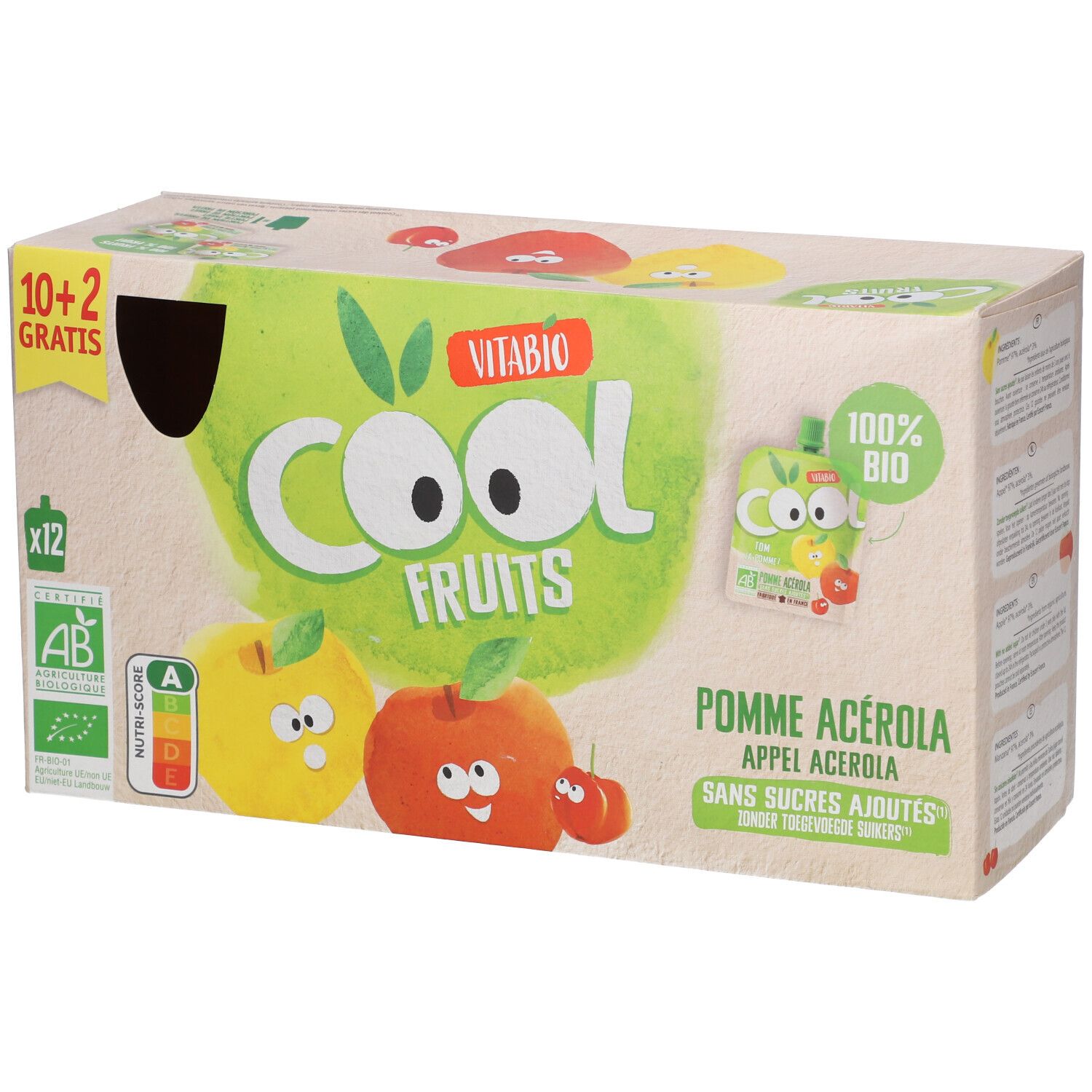 VITABIO Cool Fruits - Gourdes de fruits Pomme Acérola Bio 12x90 g Aliment