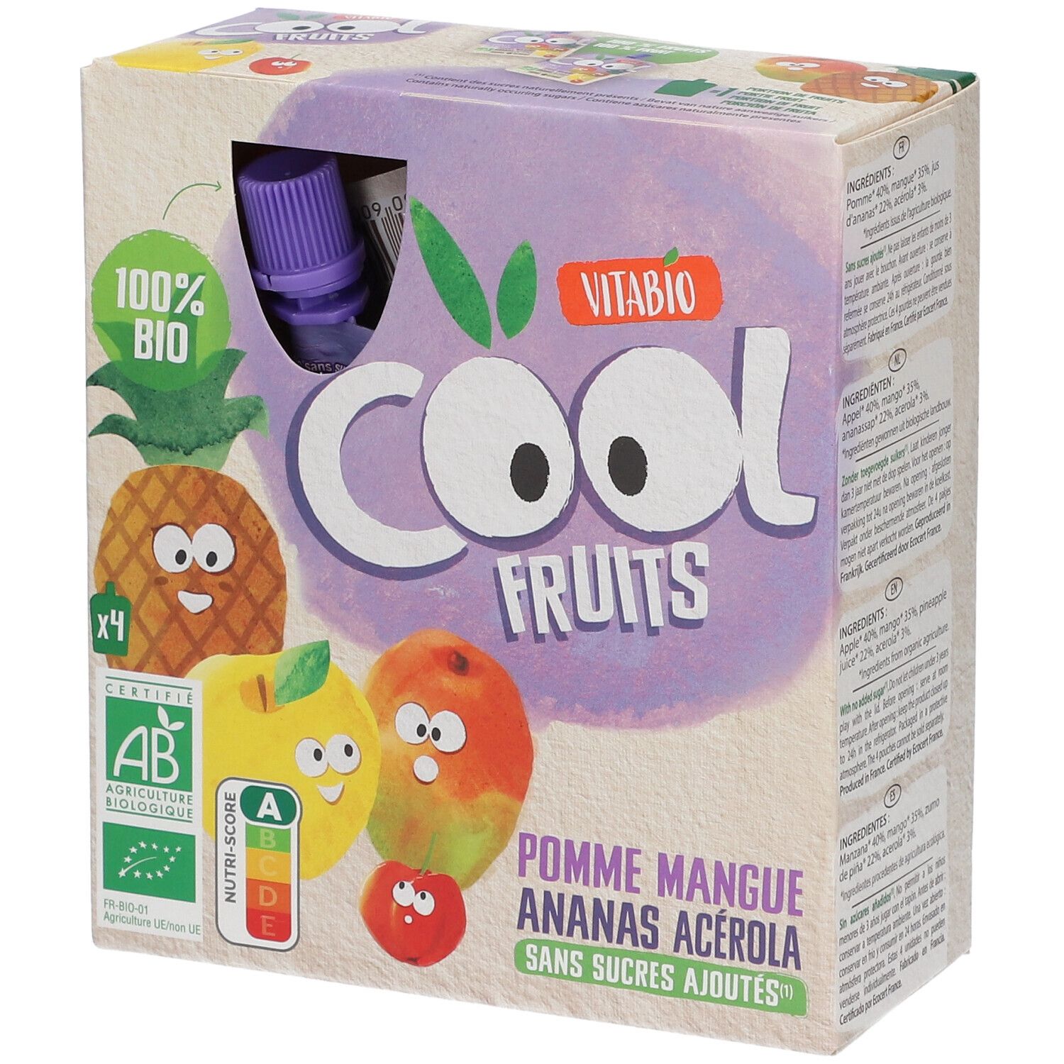 Vitabio Cool Fruits Pomme - Mangue - Ananas Bio 4x90 g