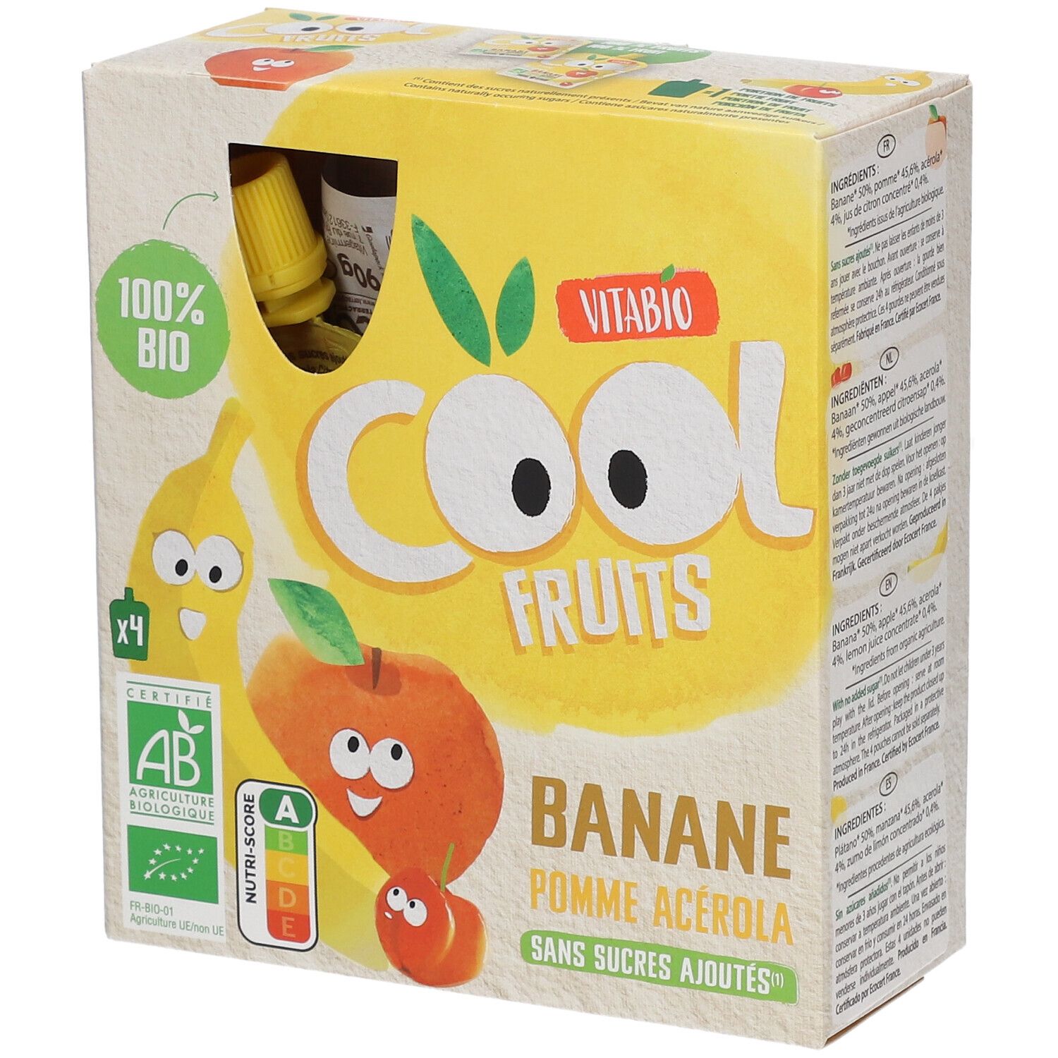 VITABIO Cool Fruits - Gourdes de fruits Banane Pomme Acérola Bio 4x90 g Aliment