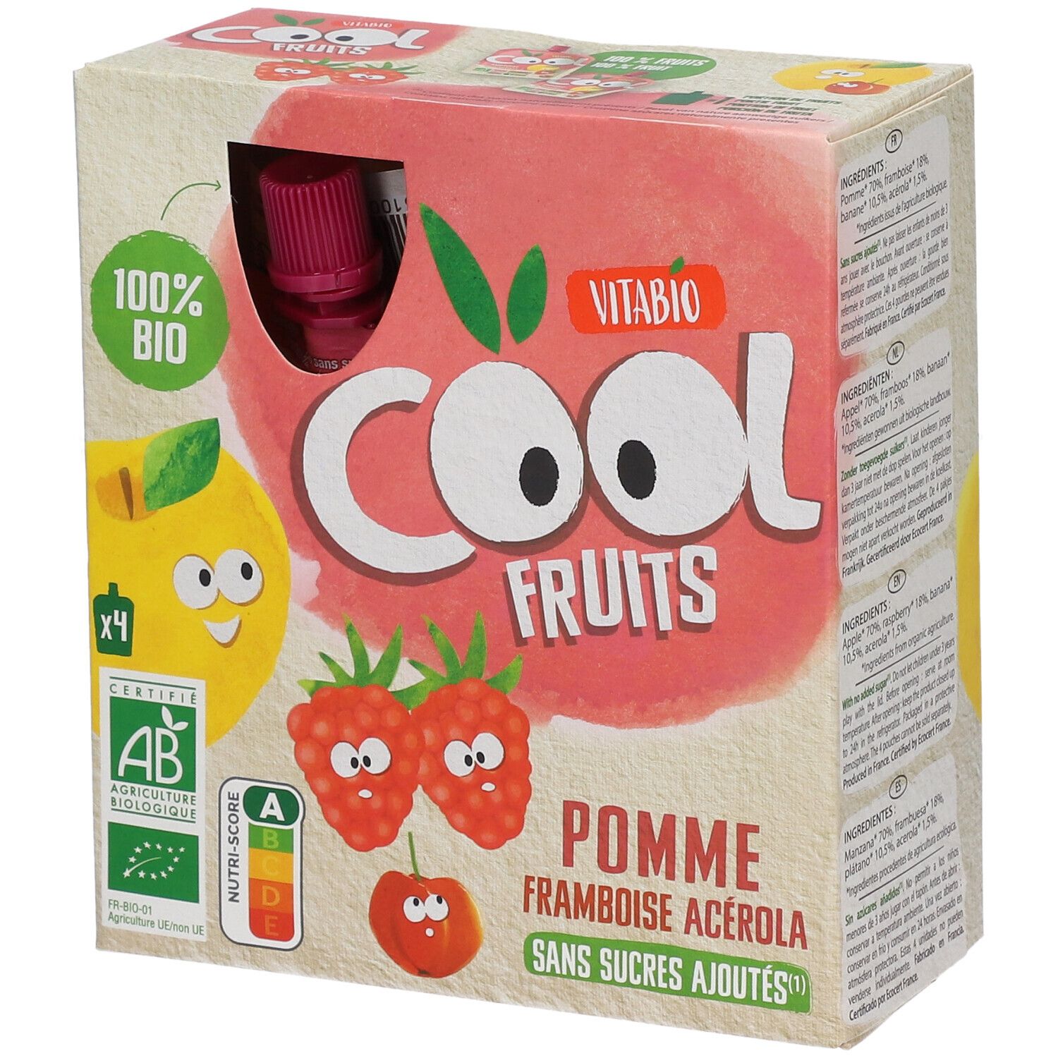 VITABIO Cool Fruits - Gourdes de fruits Pomme Framboise Acérola Bio 4x90 g Aliment