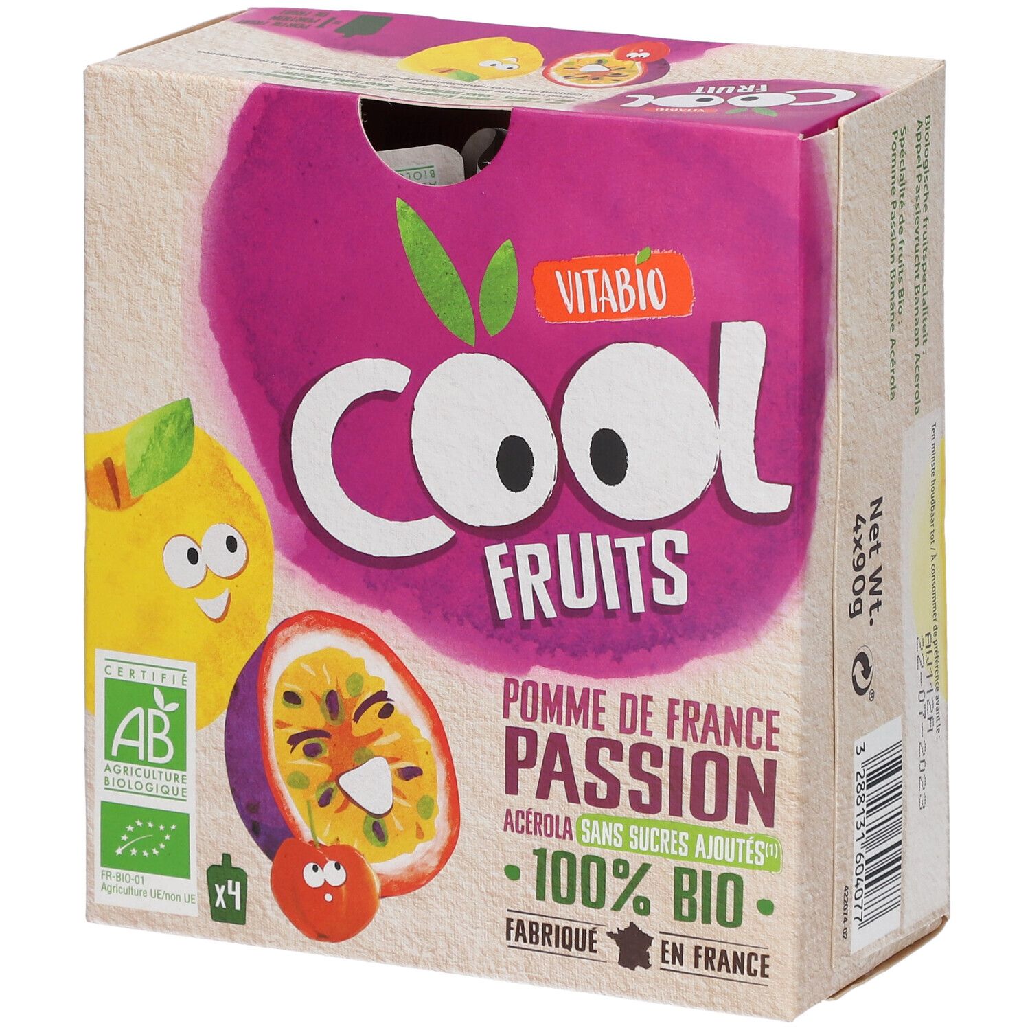 VITABIO Cool Fruits - Gourdes de fruits Pomme Passion Acérola Bio 4x90 g Aliment