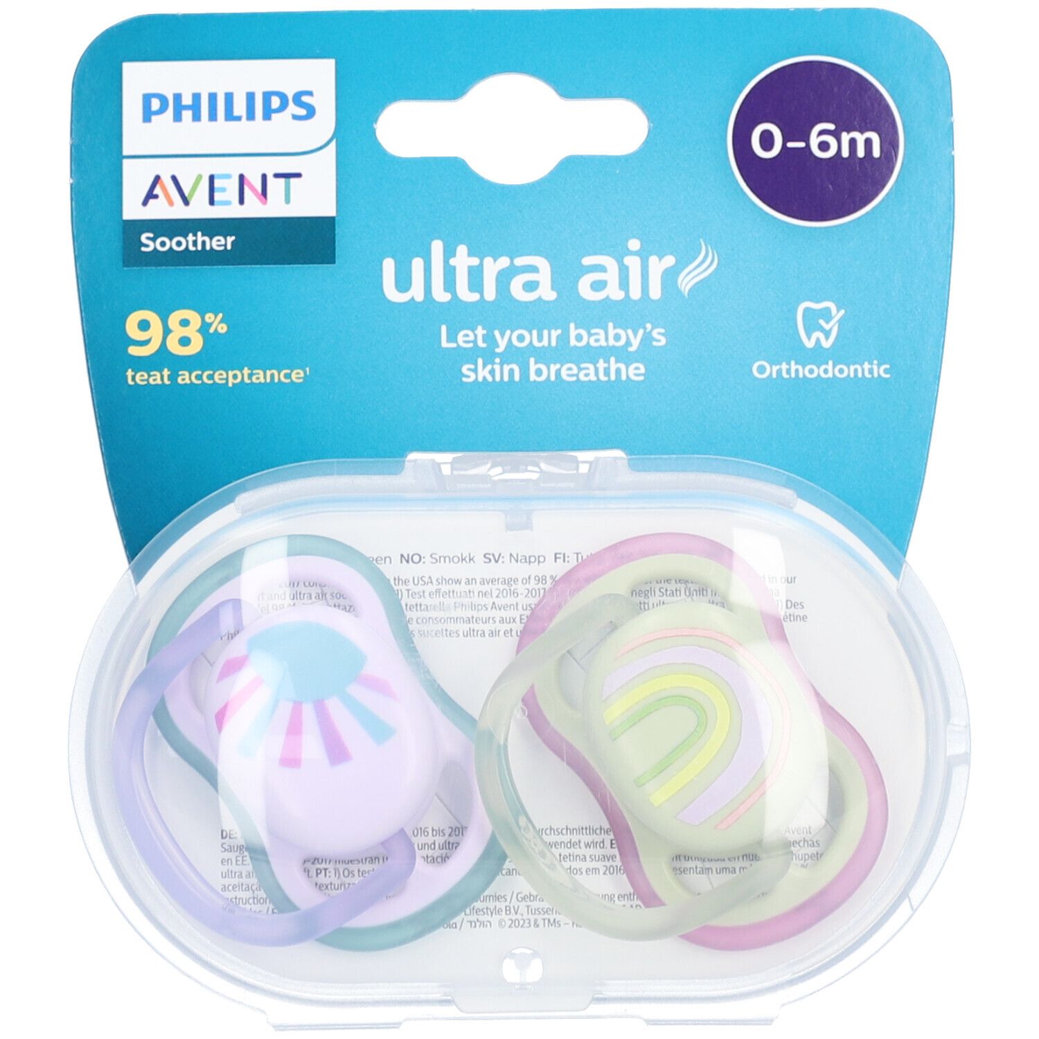 PHILIPS Avent Sucette Ultra Air Soleil/Arc-en-ciel Fille 0-6 Mois SCF085/59 2 pc(s) Sucette(S)