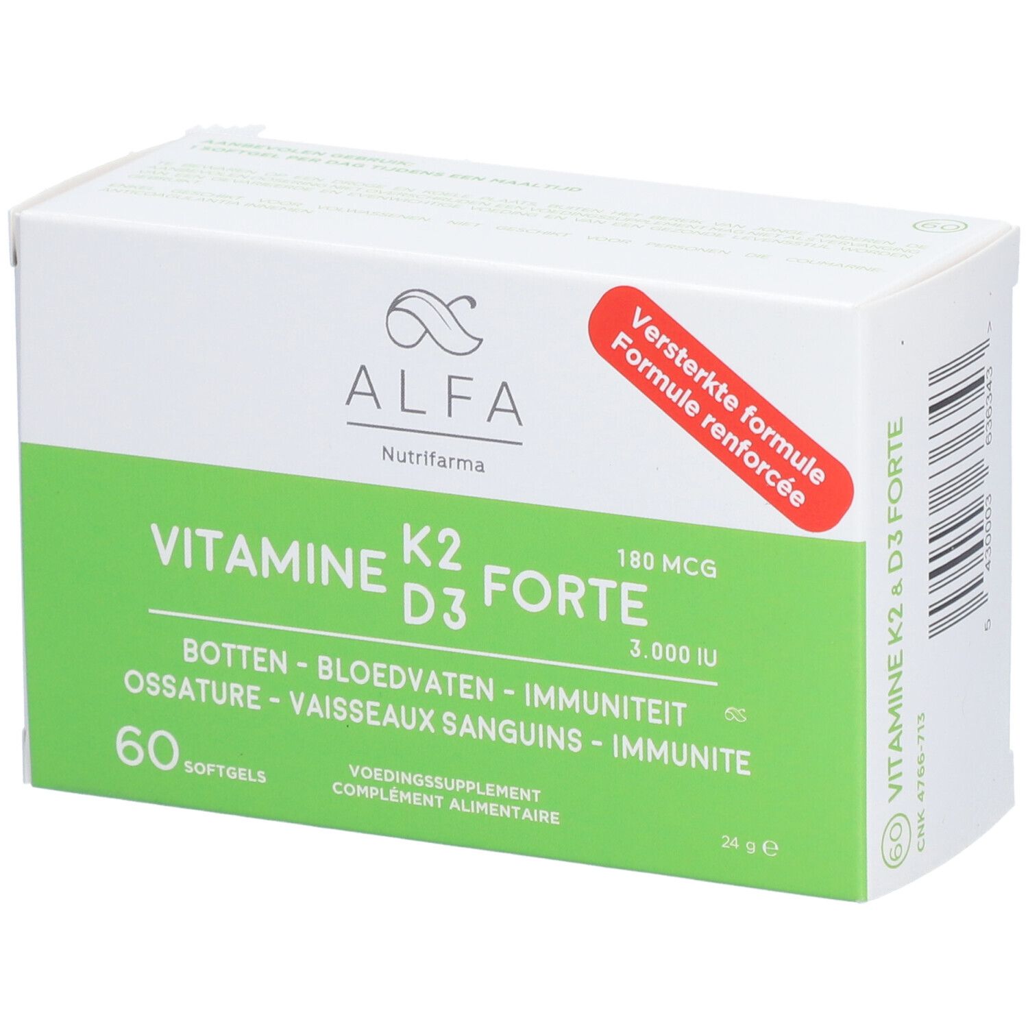 Alfa Vitamine K2 -D3 Forte Nouvelle Formule 60 pc(s) Capsule(S) Douce(S)