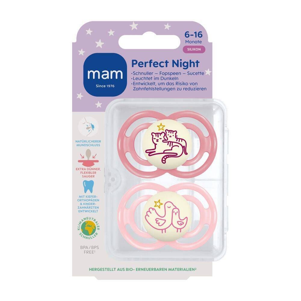 MAM Perfect Night Tétine silicone rose 6-16 mois 2 pc(s) Sucette(S)