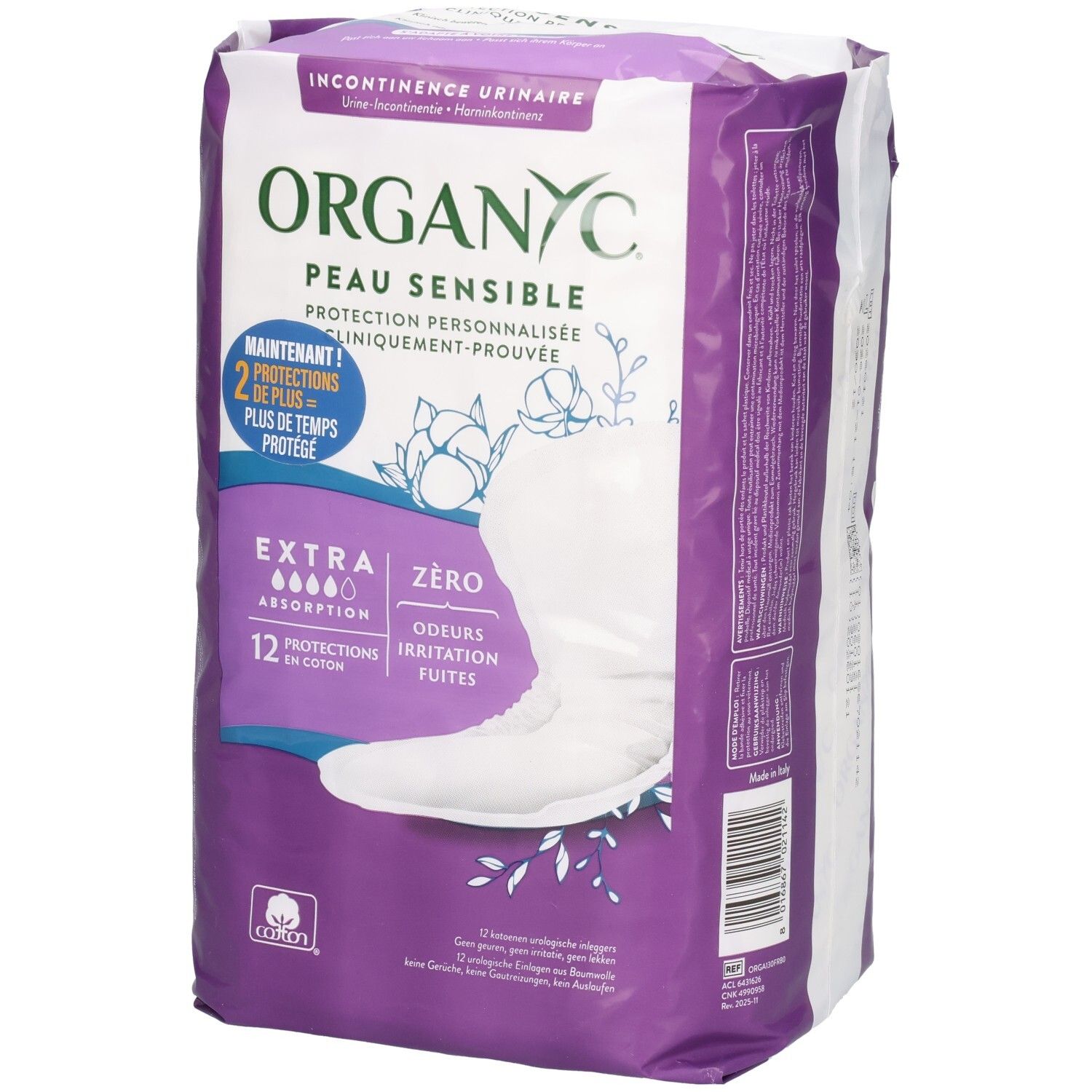 Organyc Protection Anti-Fuites Peau Sensible Extra 12 pc(s) Protections pour incontinence