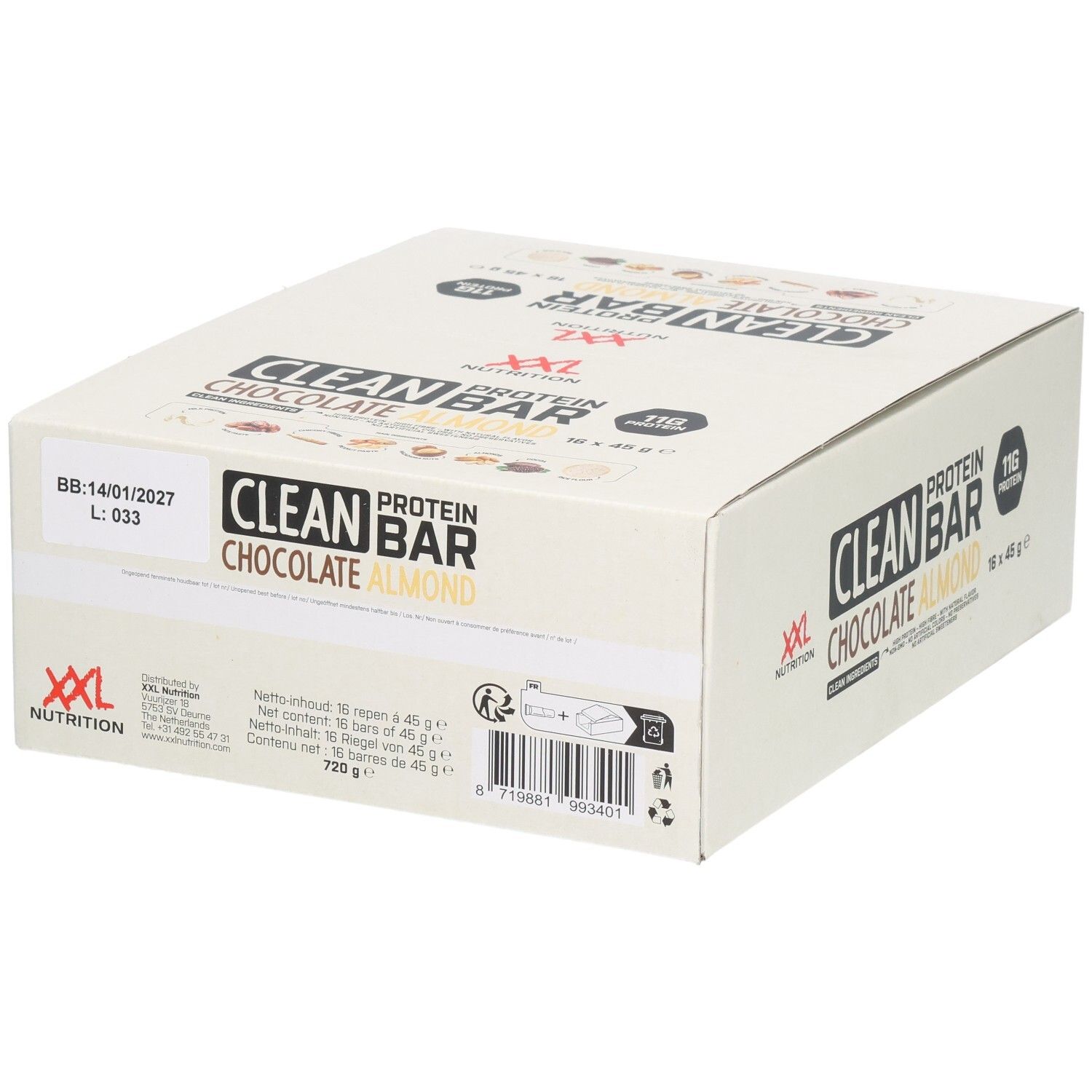 XXL Nutrition Clean Protein Bar Chocolat Amandes 16 pc(s) Barre