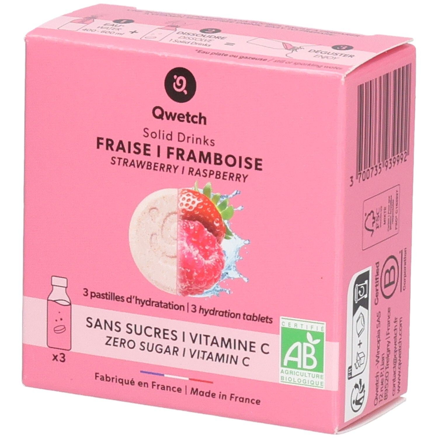 Pdmtobemaintained Qwetch Solid Drinks Bio X3 Fraise Framboise Comprimés Hydratation Effervescents 3 Pc(S)