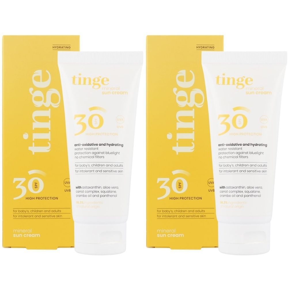 Tinge Crème Solaire Minérale SPF30 Antioxydante et Hydratante 2x100 ml Crème Protection Solaire
