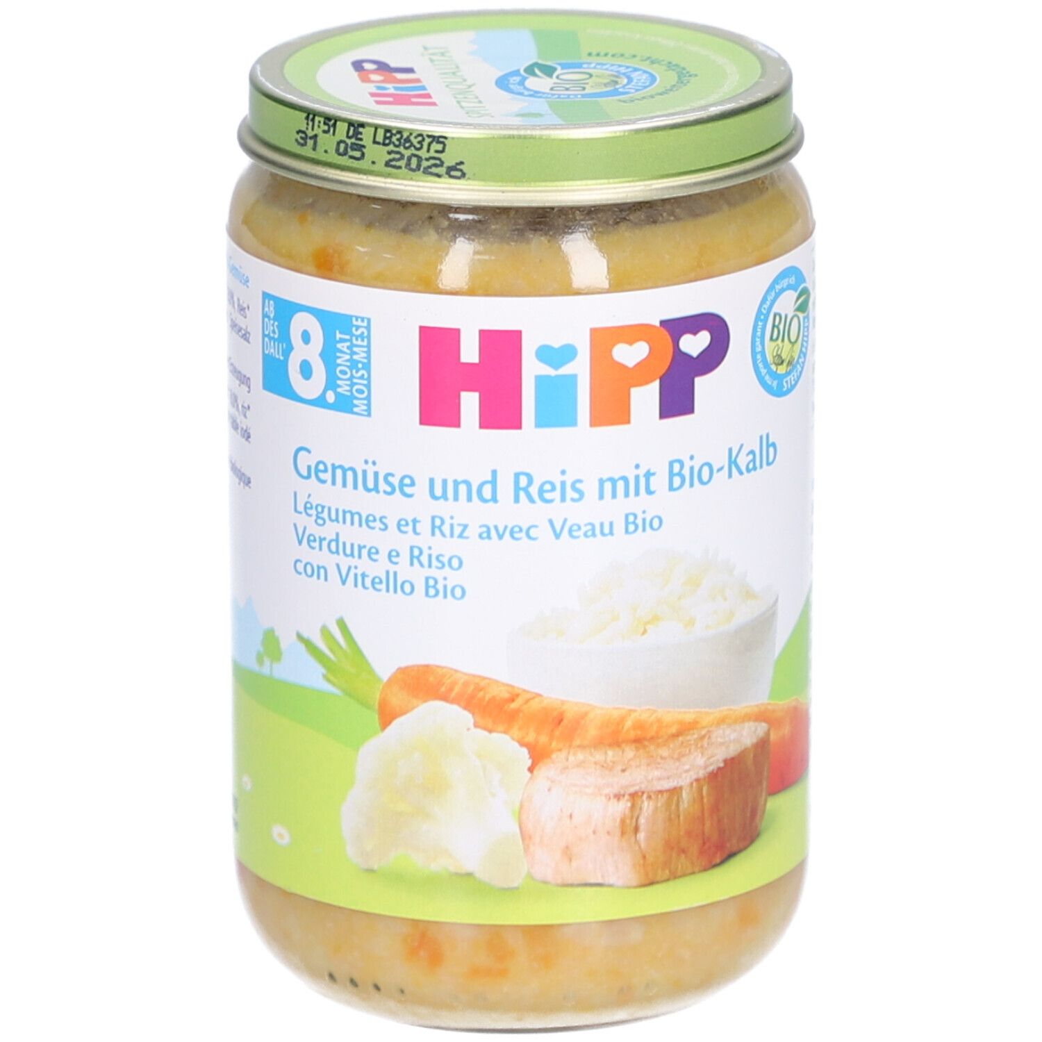 HIPP Pot pour bébé Légumes et Riz avec Veau Bio après 8 mois Purée 220 g