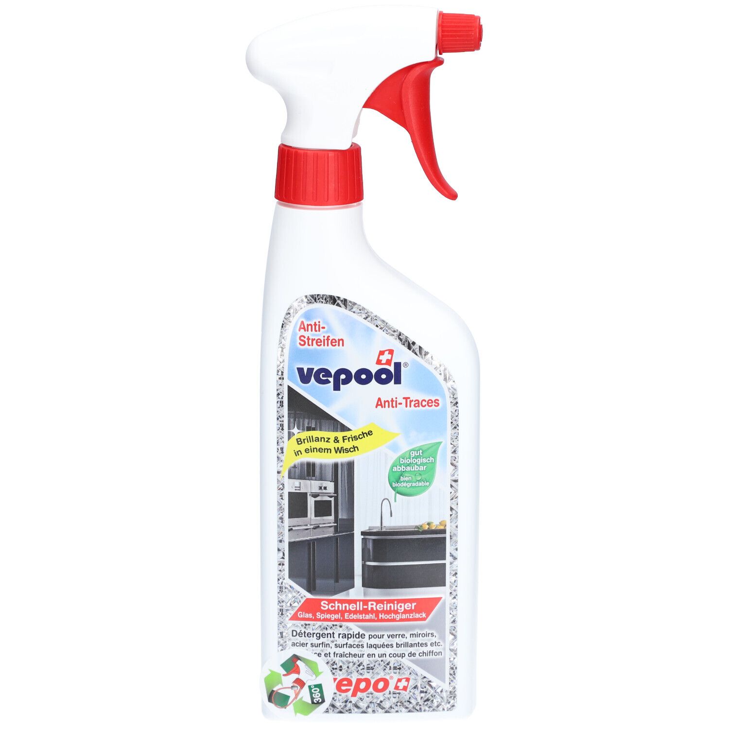 vepool Anti-Traces Détergent rapide pour verre, miroirs, acier surfin, surfaces laquées brillantes etc. 500 ml Liquide