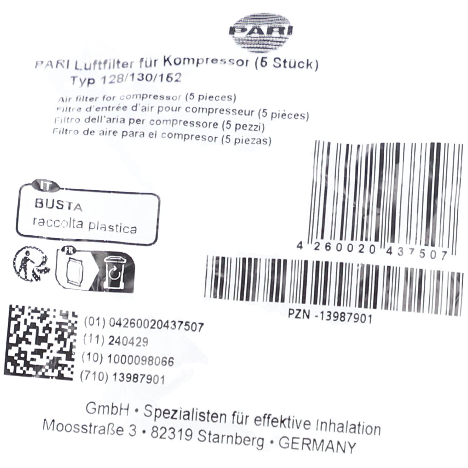 PARI Filtre d'entrée d'air pour compresseur Type 128/130/152 5 pc(s) Accessoire(S)