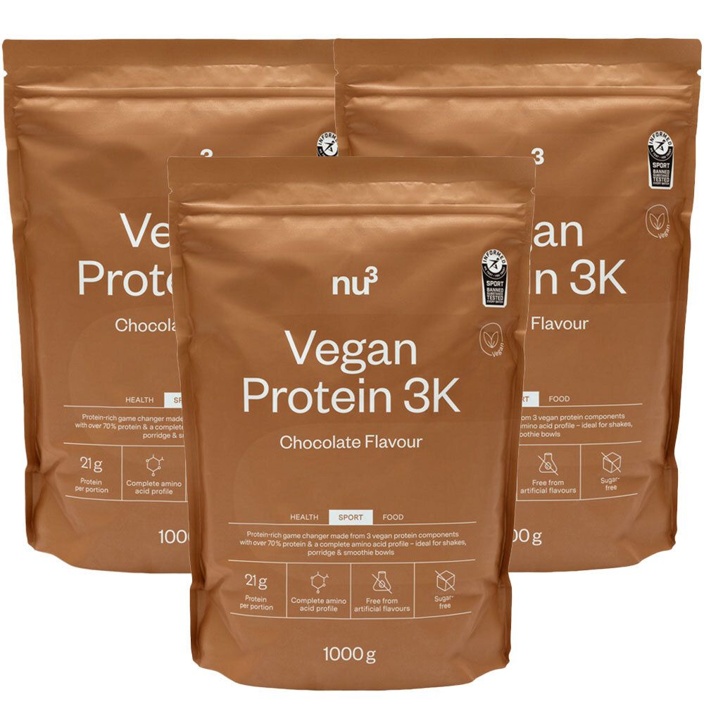 nu3 Vegan Protein 3K Shake, chocolat Poudre 3x1000 g