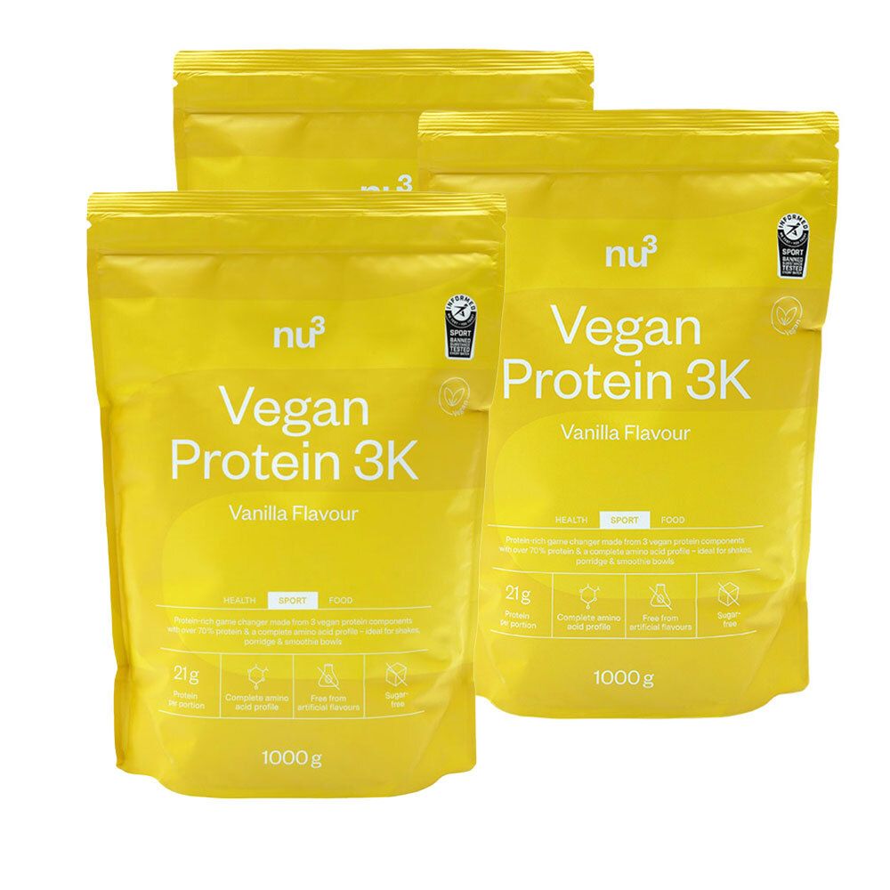 nu3 Vegan Protein 3K Shake, Vanille 3x1000 g Poudre