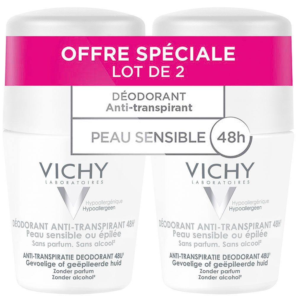 Vichy Lot*2 Déodorant Anti-Transpirant 48H - Roll-On Peau Sensible 2 X 50 Ml Rouleau 100