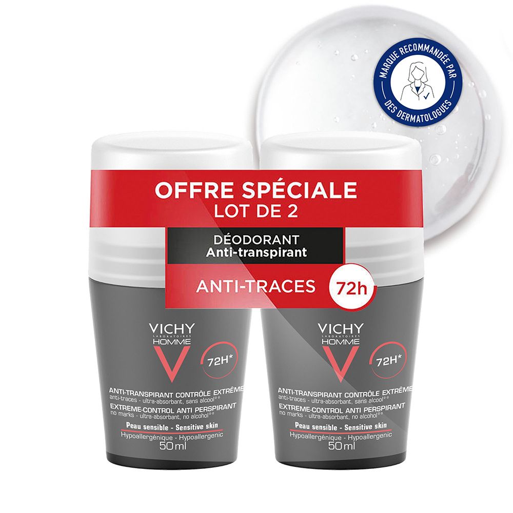 LOT*2 Vichy Homme Déodorant bille 72H Rouleau 2x50 ml