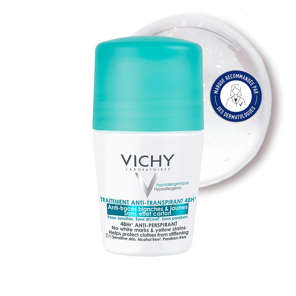 Vichy Bille Anti-Transpirant 48H, Anti-Traces Jaune Et Blanches, Sans Effet Carton Rouleau 50 Ml