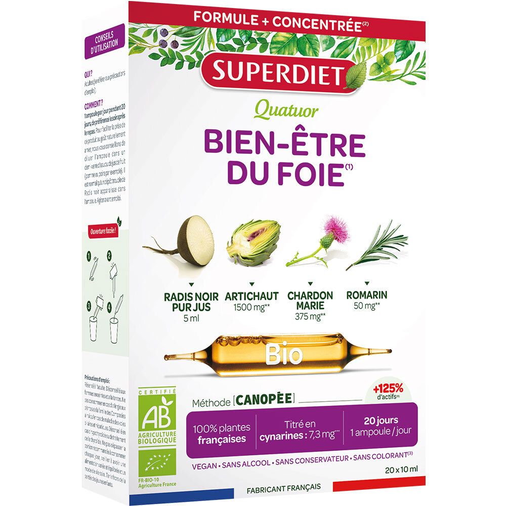 SUPERDIET – QUATUOR BIEN-ÊTRE DU FOIE BIO – 20 ampoules de 10 ml 20 pc(s) Ampoule(S) Buvable(S)