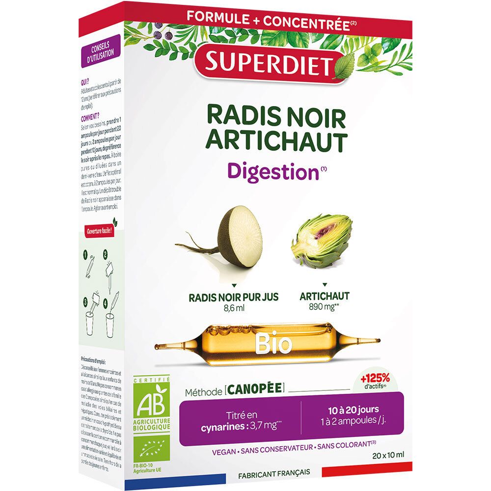 SUPERDIET – RADIS NOIR, ARTICHAUT BIO – 20 ampoules de 10 ml 20x10 ml Ampoule(S) Buvable(S)