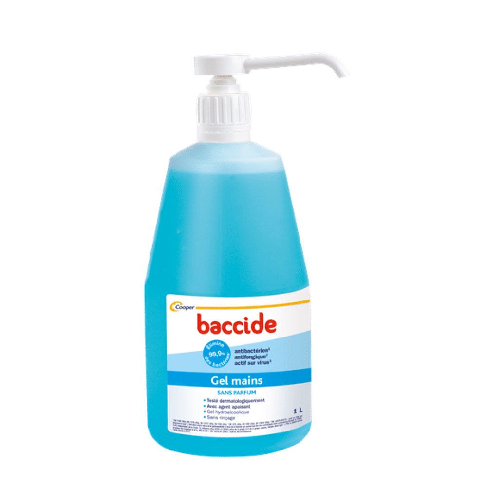 BACCIDE - Gel hydroalcoolique Elimine 99,9% des virus et bactéries 96,8% d'eau d'ingrédients d'origine végétale Fabriqué en France 1L Gel(S) 1000 ml