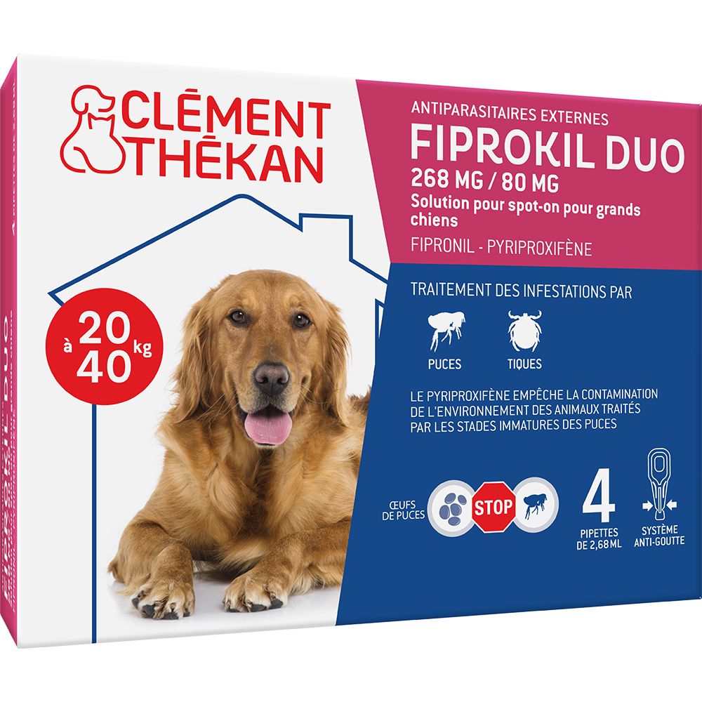 Clément Thékan Anti-Puces et Anti-Tiques pour Grand Chien (20-40kg) - Double action : Elimine les parasites & les larves/oeufs - Protège votre