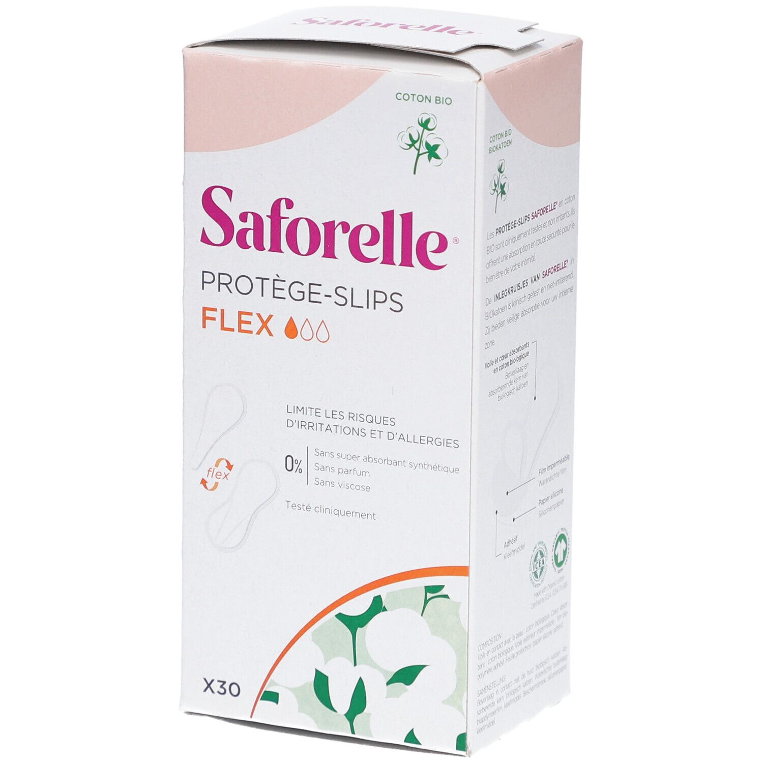 Saforelle Protège Slip Flex, Extrafin, Adaptable, 100 % Coton Bio, Bt 30 Serviette hygienique pc(s)