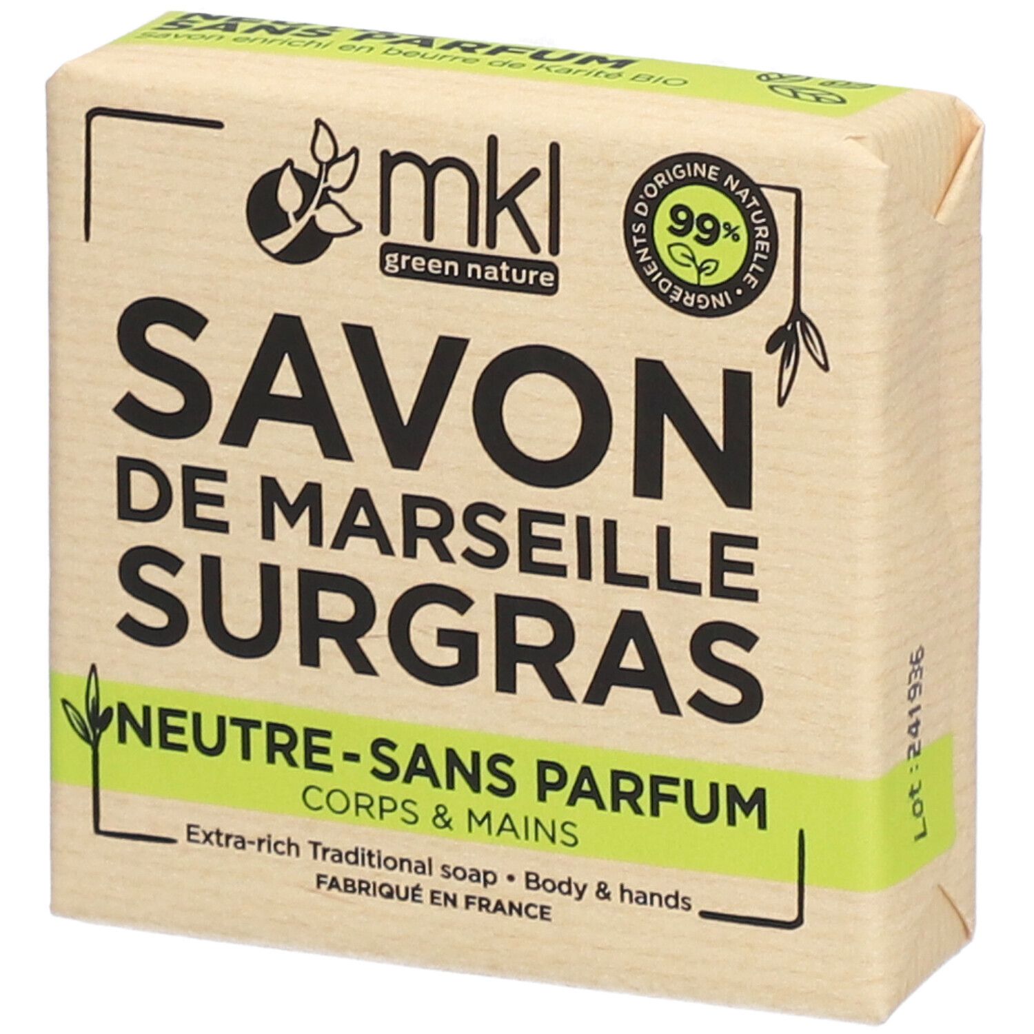 MKL Savon de Marseille Surgras - Neutre Sans Parfum 100 g Savon