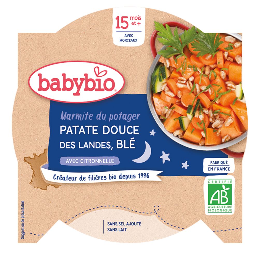 Babybio MARMITE DU POTAGER PATATE DOUCE DES LANDES BLÉ CITRONNELLE dès 15 mois Aliment 260 g