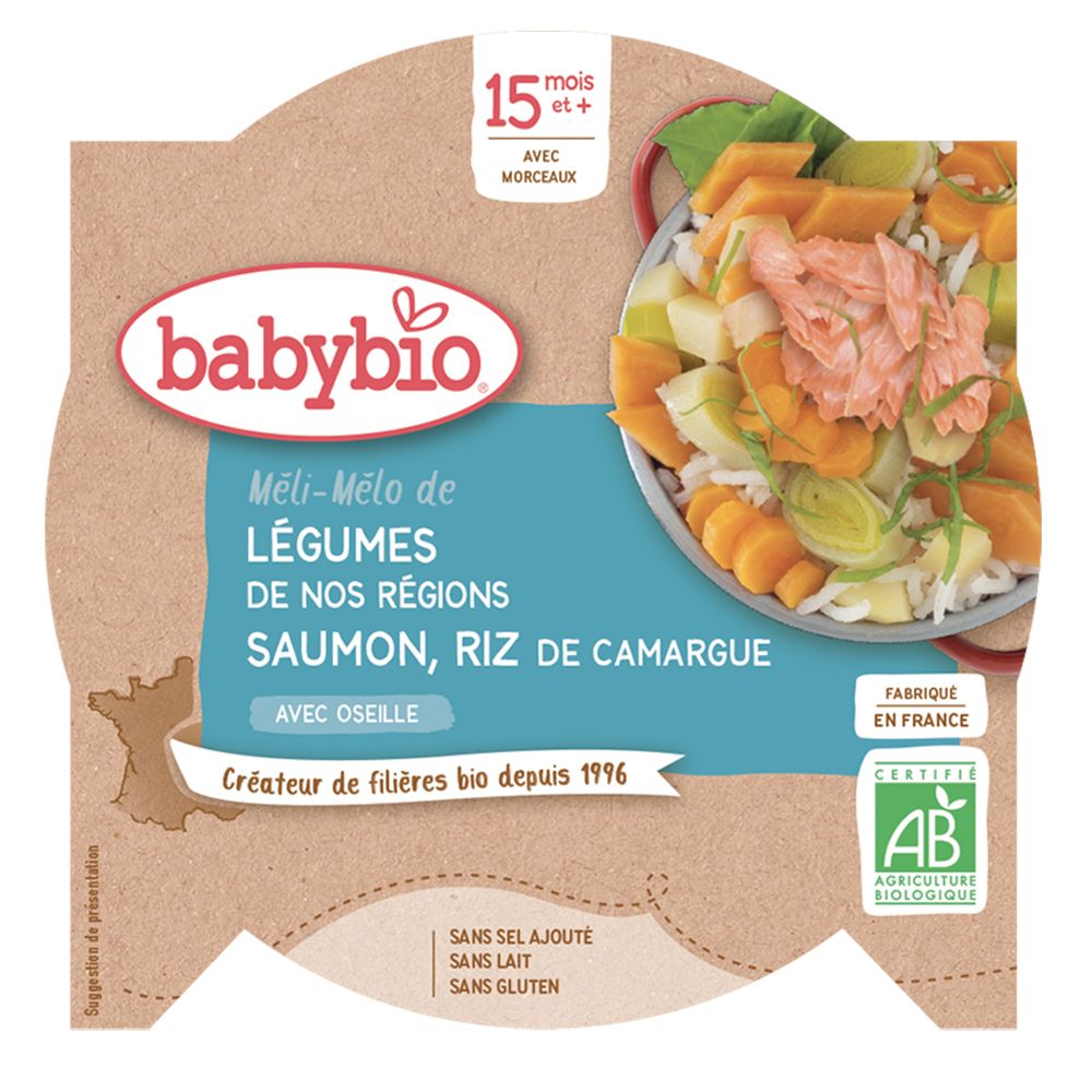 Babybio MÉLI-MÉLO DE LÉGUMES NOS RÉGIONS SAUMON ET RIZ CAMARGUE À L'OSEILLE dès 15 mois Aliment 260 g