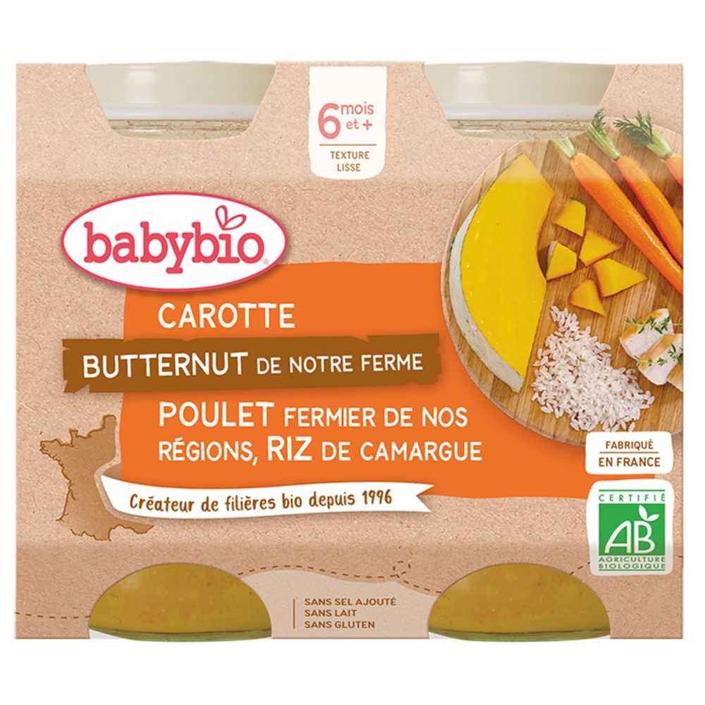 BABYBIO Menu Carotte, Butternut de notre ferme, Poulet fermier nos régions, riz Camargue Aliment 400 g