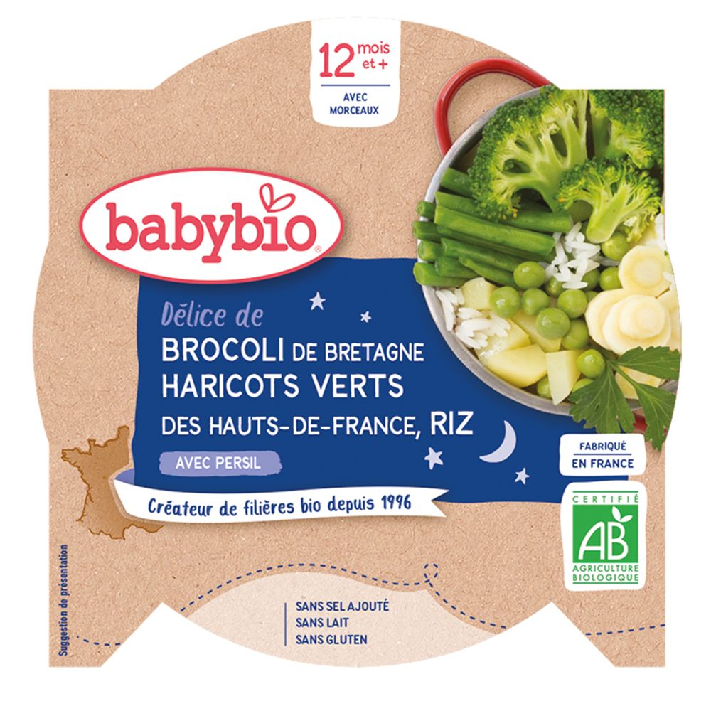 Babybio DÉLICE DE BROCOLI BRETAGNE HARICOTS VERTS DES HAUTS-DE-FRANCE RIZ AU PERSIL dès 12 mois Aliment 230 g