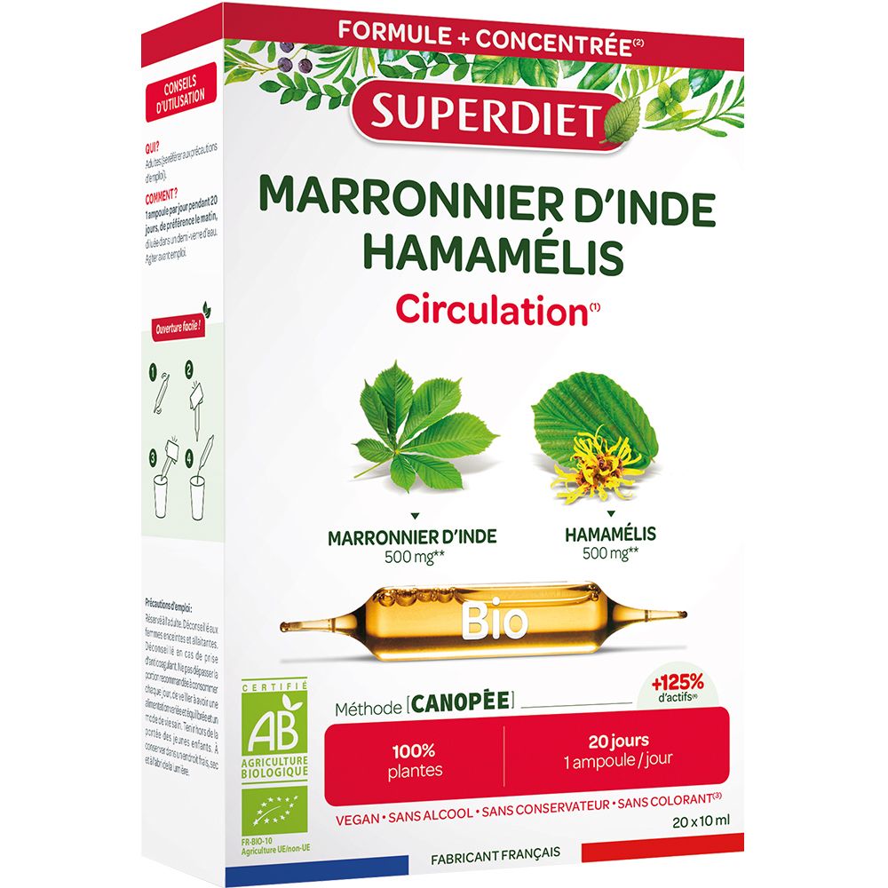 SUPERDIET Marronnier Hamamelis Bio - 20 ampoules de 15 ml 300 ml Ampoule(S) Buvable(S)